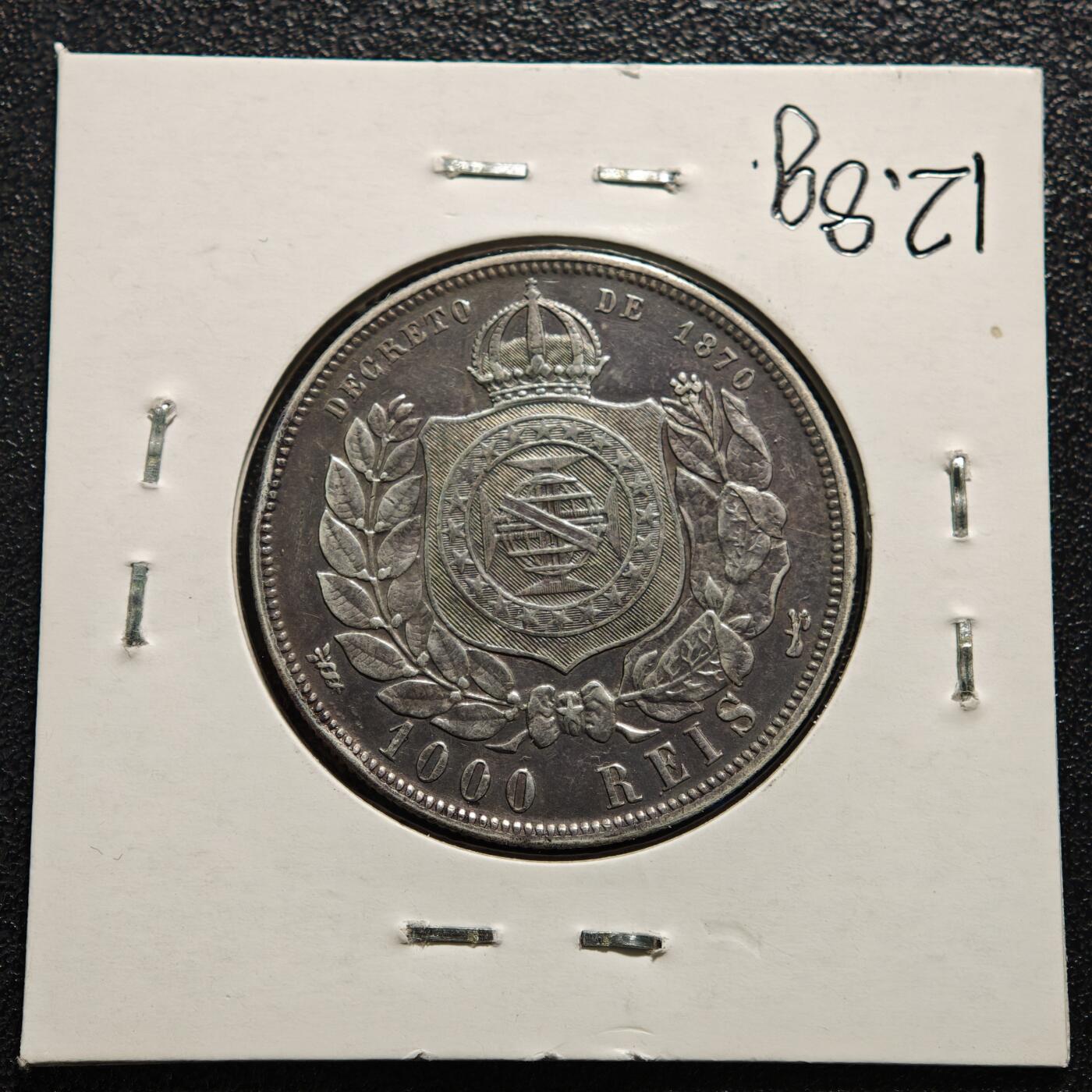 【德藏】世界币章拍卖第169期（拍品征集中~欢迎藏友联系） 老藏家集藏系列之- 1876年 巴西1000瑞斯银币 917银 直径约：30.3mm；重约：12.7g 入册20余年·附有当年购入价