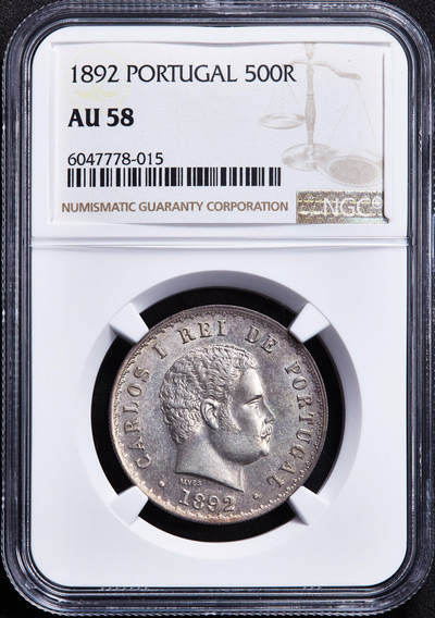 【俄甄集藏】2026年(050)04-01星期三 晚 19:30 全场包邮 - 葡萄牙1892年卡洛斯一世500瑞斯银币，NGC AU58，原味包浆，原光品相，疑似低评