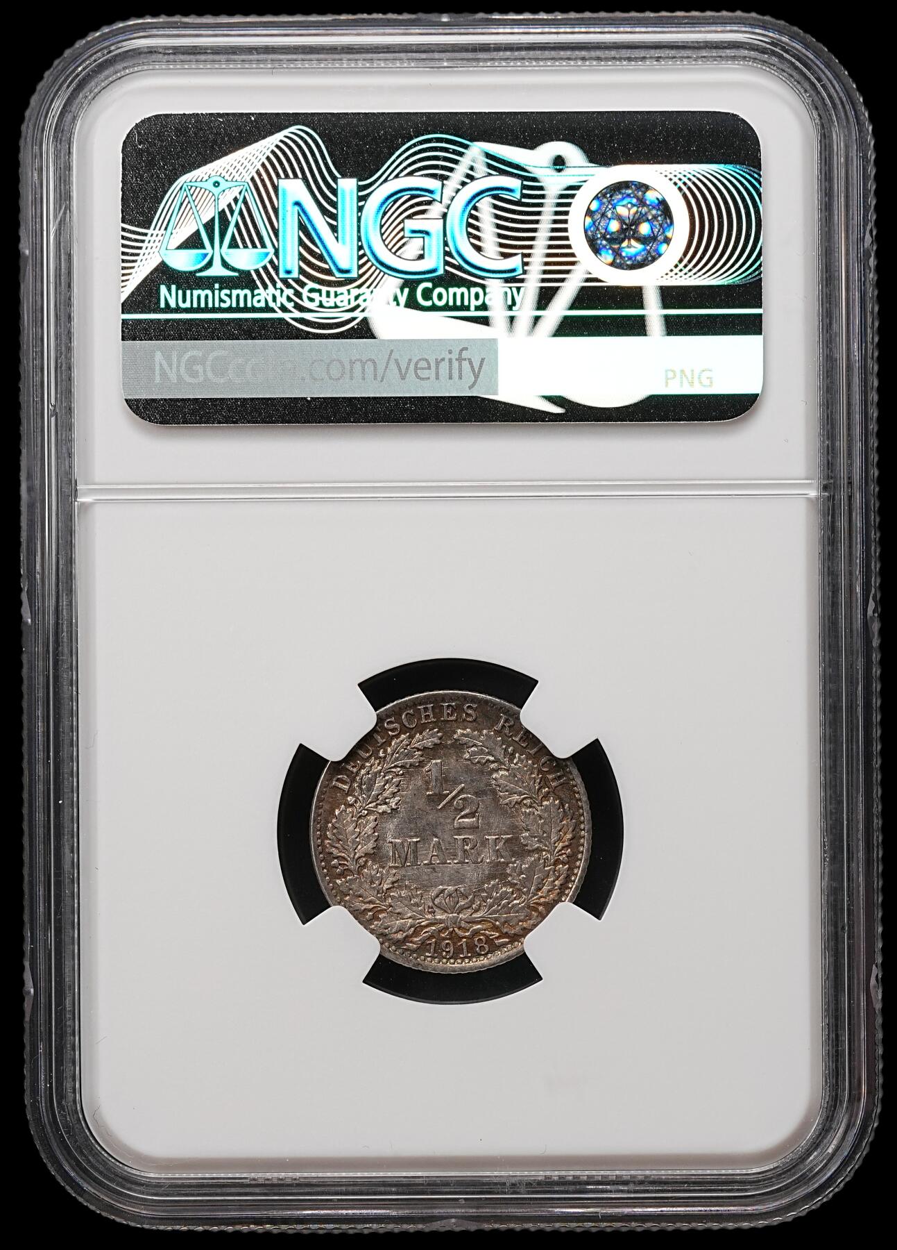 修遠堂世界钱币第109期 NGC MS65 1918年德国1/2马克银币 A厂铭