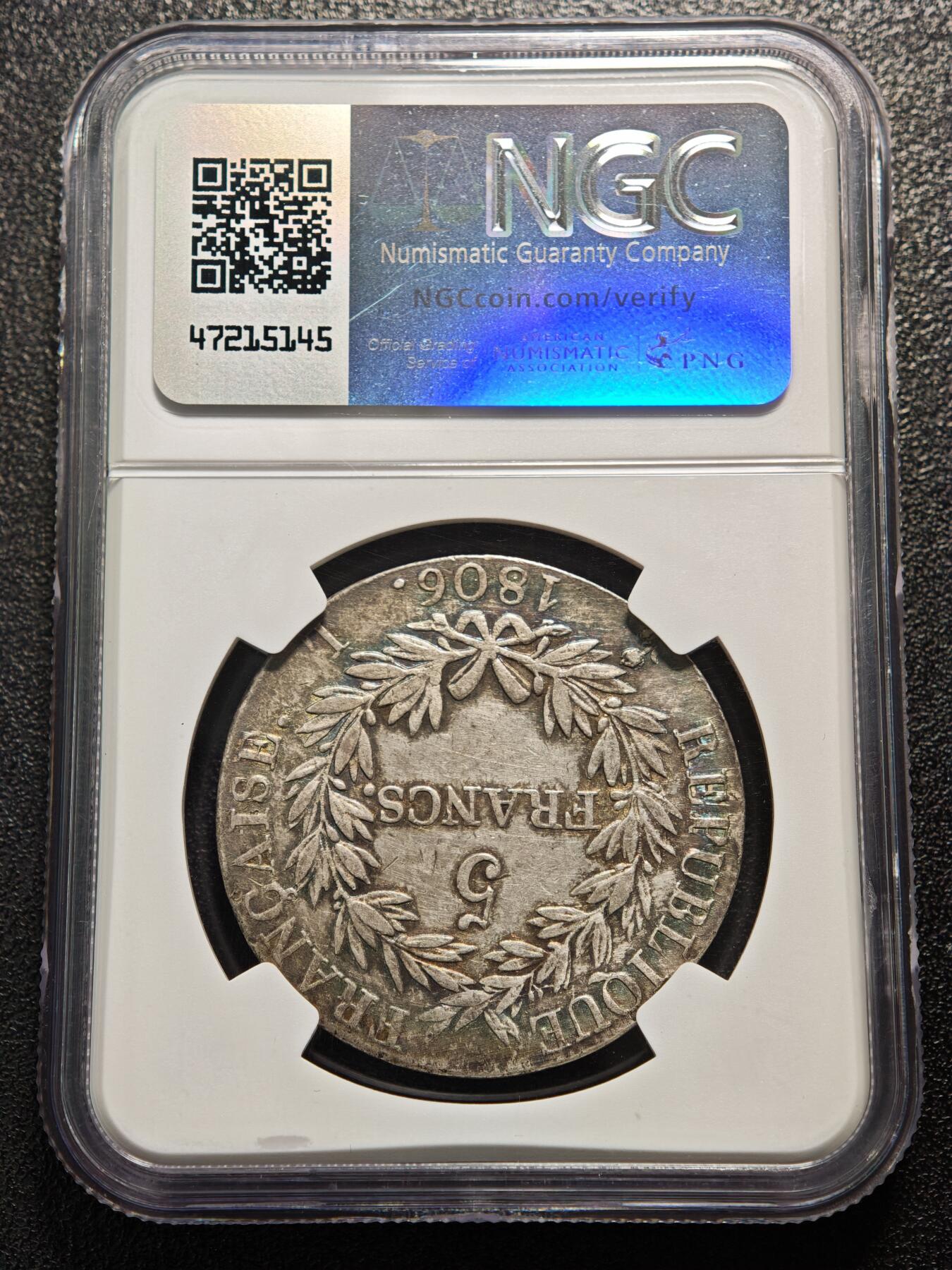 【德藏】世界币章拍卖第169期（拍品征集中~欢迎藏友联系） 1806年 法国拿破仑一世5法郎银币 NGC XF 状态极佳