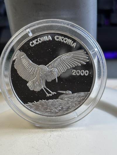 第195期拍卖 - 刚果2000年濒危珍稀动物鸟白鹤纪念银币，999银，15克，发行5000枚