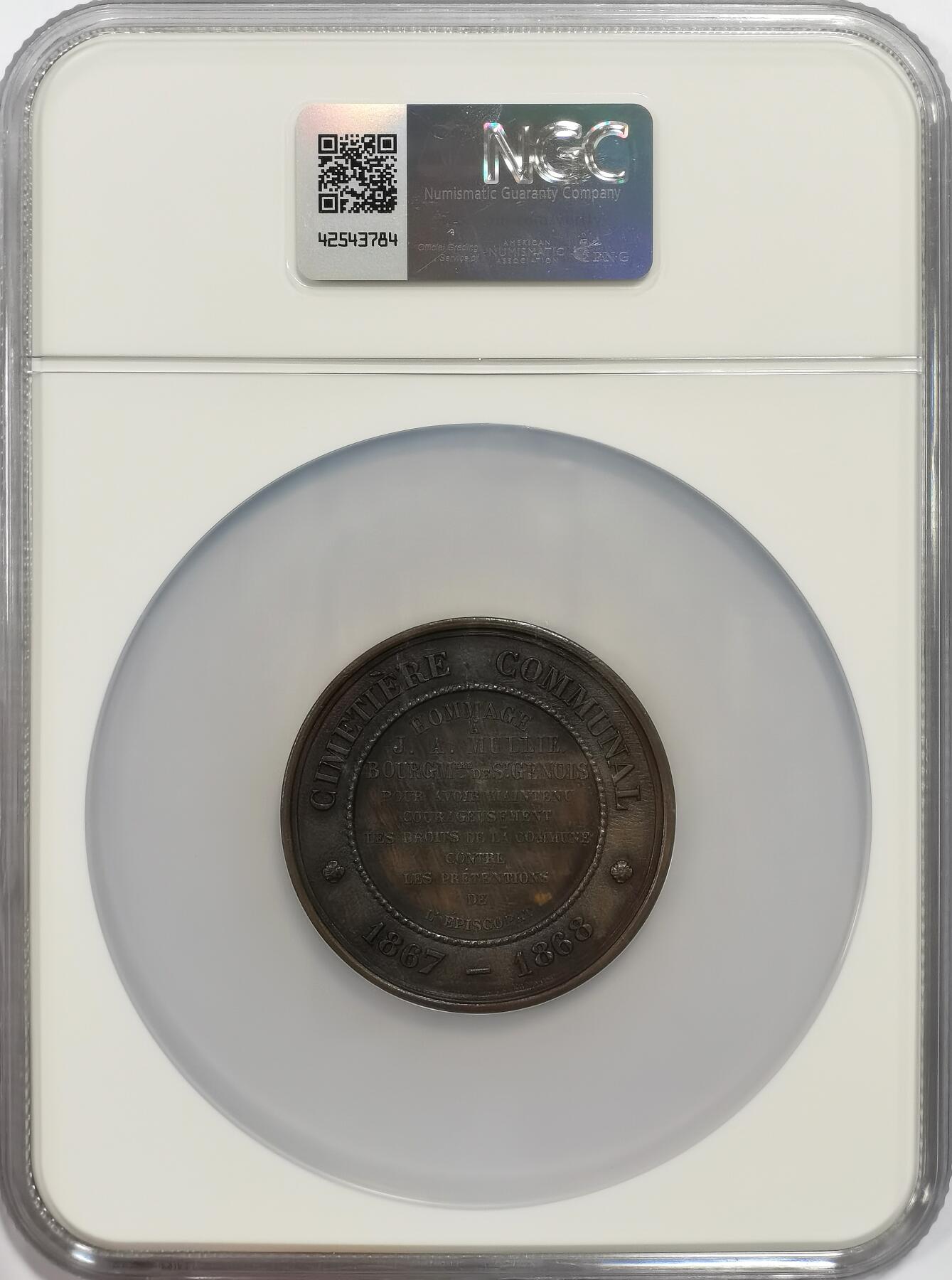 博洋堂“芳菲春韵”3月精品大拍专场暨第166期（全场包邮） NGC MS63 比利时1868年圣热那亚公墓纪念大铜章。早期超高浮雕，幼态神祇在雄狮的守护下操纵雷电，刻画震撼而威严。