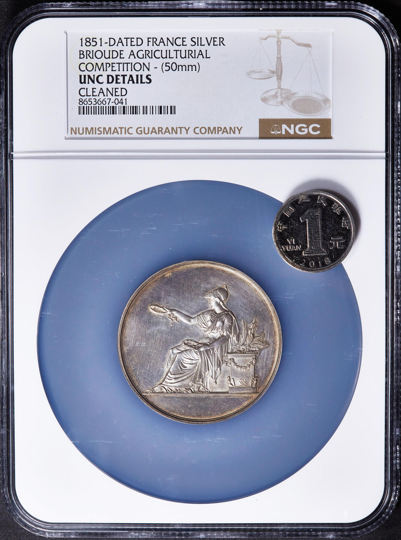 【俄甄集藏】2026年(050)04-01星期三 晚 19:30 全场包邮 法国1851年丰收女神坐像纪念上卢瓦尔省布里尤德农业竞赛大银章，NGC UNCD，直径：50mm，重：58克，高浮雕，授予布农克勒的加朗-舒韦夫妇