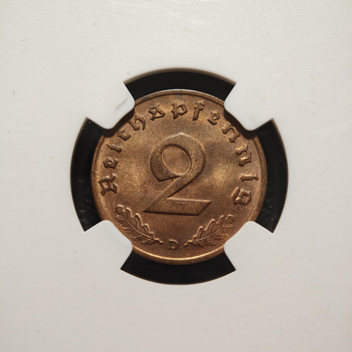 【德藏】世界币章拍卖第169期（拍品征集中~欢迎藏友联系） 1938年 德国民族社会主义工人党2芬尼铜币 NGC MS63RB （原图请查询NGC评级官网）