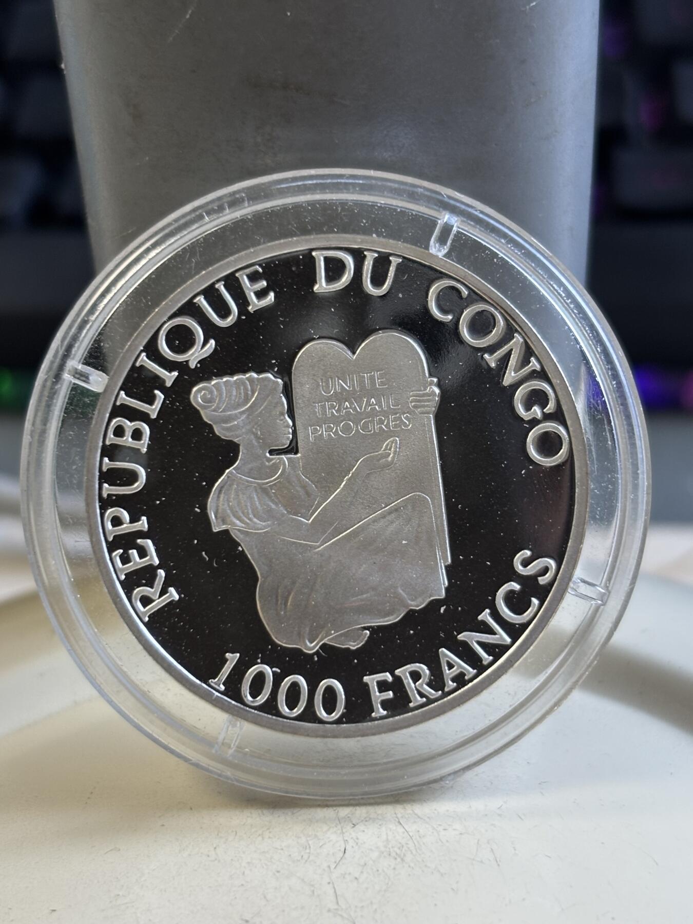 第195期拍卖 刚果2000年濒危珍稀动物鸟白鹤纪念银币，999银，15克，发行5000枚