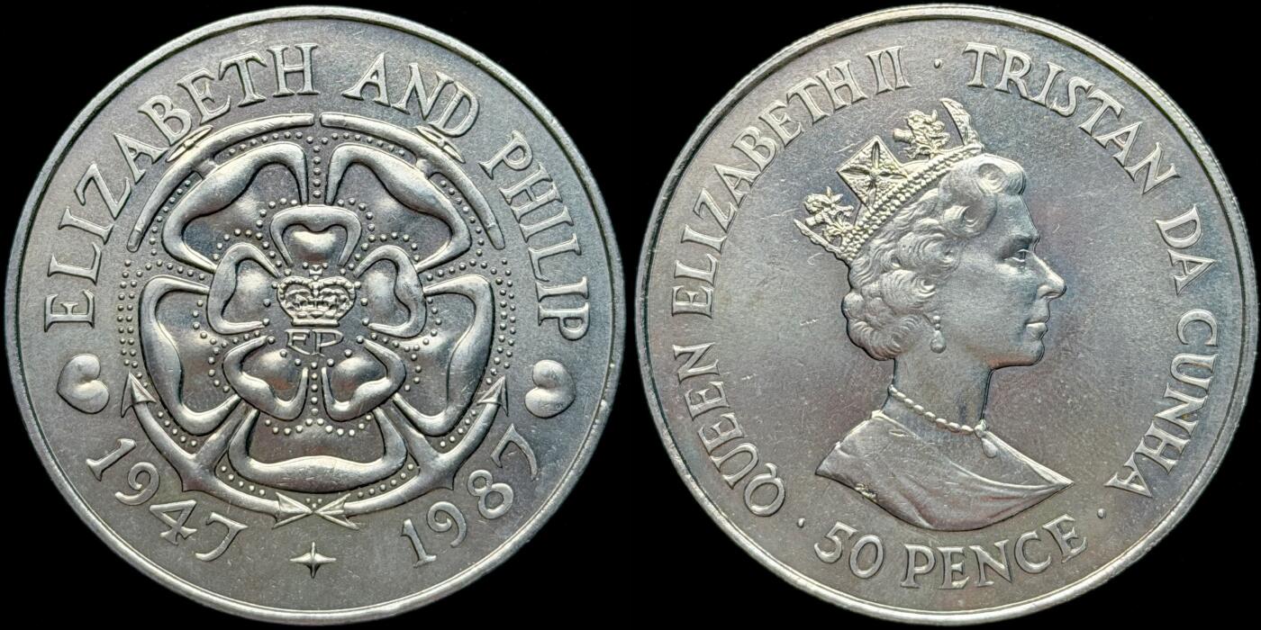 ＜星葵🌻钱币社＞第72期·东奔西走的硬币·3月31日发货 特里斯坦·达库尼亚1987年女王结婚40周年50便士克朗型纪念币