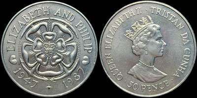 ＜星葵🌻钱币社＞第72期·东奔西走的硬币·3月31日发货 - 特里斯坦·达库尼亚1987年女王结婚40周年50便士克朗型纪念币