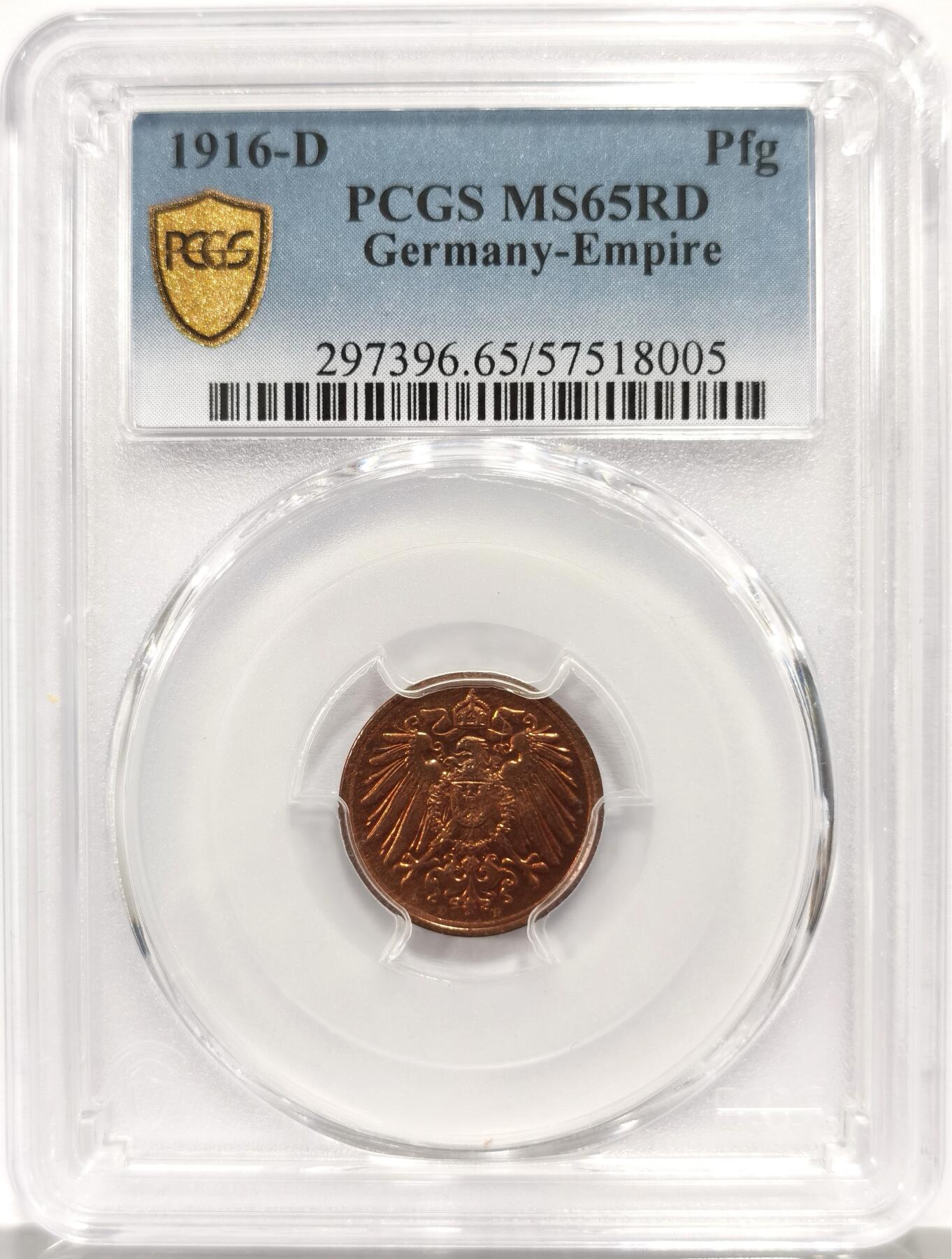 博洋堂“芳菲春韵”3月精品大拍专场暨第166期（全场包邮） PCGS MS65RD 1916年D版德国1芬尼 流通程度非常高的辅币，RD在这个品种中几乎未曾遇见，经历两次世界大战依旧能有这种状态殊为难得，麦稀奇此前唯一一枚65RD的德二芬尼拍了1006，足见其状态之珍贵