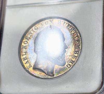 NGC-MS62 德国符腾堡1871年胜利泰勒，大老黑包浆，黑中带彩，PL质感地板