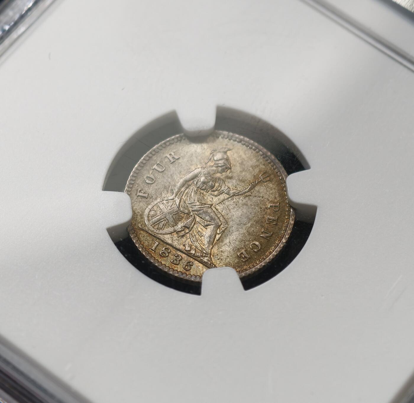“方寸甄品”甄品场，甄臻铺-世界币章拍卖（第57期，直播拍卖），送拍享返佣金等优惠多多 NGC-MS64 1836年英国威廉四世4便士银币，灰色五彩包浆，顶级状态