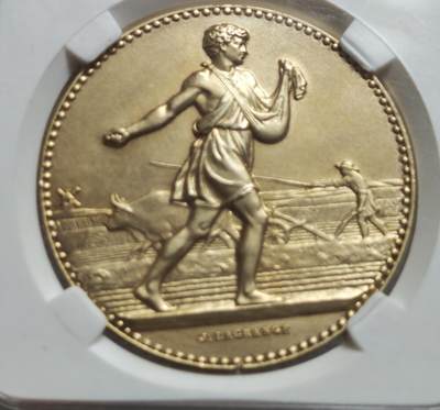 瓶子🏺第234期拍卖会 -  法国农业部农业协会镀金铜质纪念章   法兰西第三共和国时期的农业主题纪念章，由著名雕刻家 J. Lagrange 设计，材质为银镀金，是法国农业部颁发给农业协会的官方荣誉奖章  2等银标  有处小磕