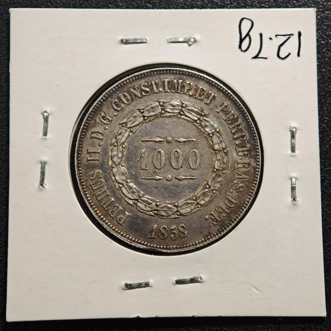 【德藏】世界币章拍卖第169期（拍品征集中~欢迎藏友联系） 老藏家集藏系列之- 1858年 巴西1000瑞斯银币 916银 直径约：30mm；重约：12.7g 入册20余年·附有当年购入价