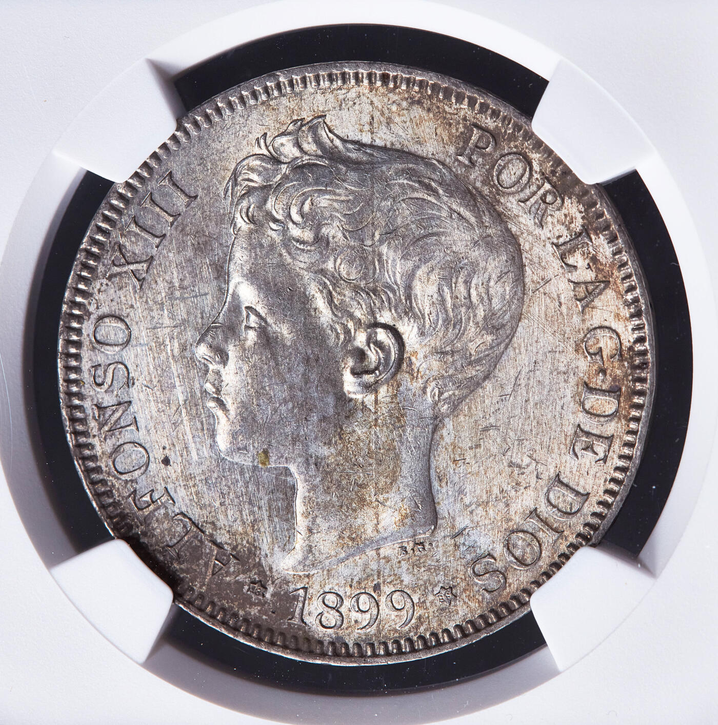 【俄甄集藏】2026年(050)04-01星期三 晚 19:30 全场包邮 西班牙1899年骑字版阿方索十三世5比塞塔大银币，NGC UNCD，黄油彩包浆，原光品相