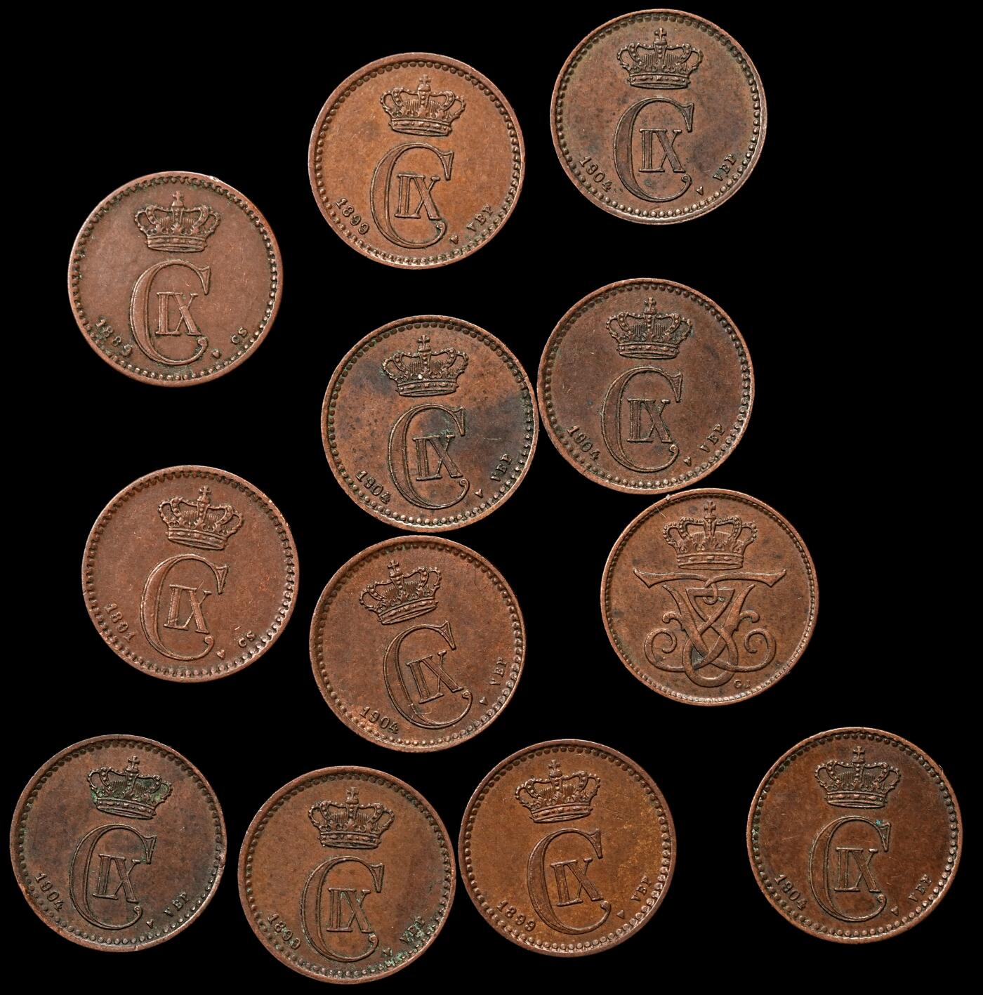 修遠堂世界钱币第109期 丹麦1欧尔铜币一组，巧克力色AU好品