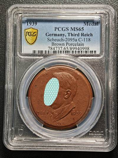 【德藏】世界币章拍卖第169期（拍品征集中~欢迎藏友联系） - 1939年 德国民族社会主义工人党党首50大寿陶瓷纪念章 PCGS MS65（原图请查询PCGS评级官网）