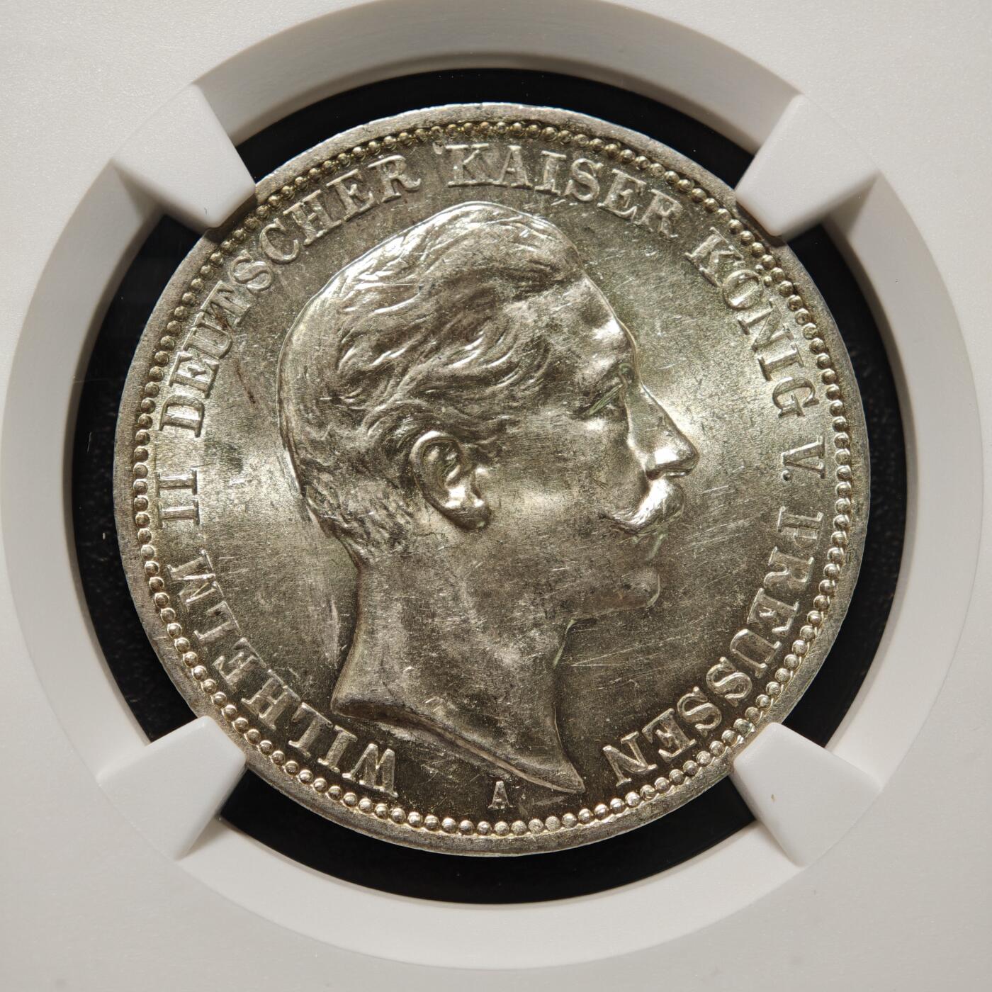 【德藏】世界币章拍卖第169期（拍品征集中~欢迎藏友联系） 1908年 德国普鲁士威廉二世3马克银币 NGC UNC