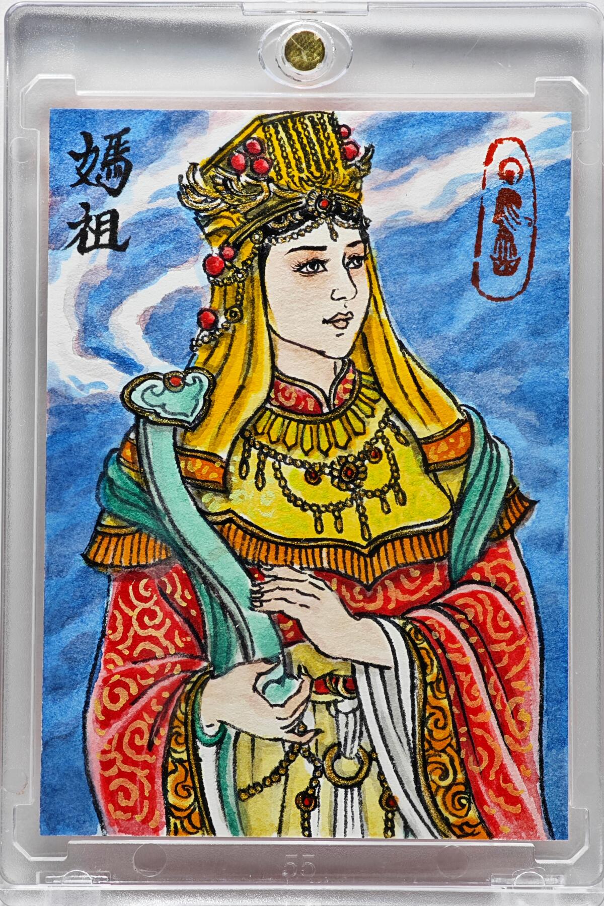 白泽拍卖卡牌手绘专场第34期（花朝去了又春分 草如茵 柳烟新） 2026 卢艺丰手绘卡 妈祖 林默娘  卢艺丰背签题 钤印 卡砖封装