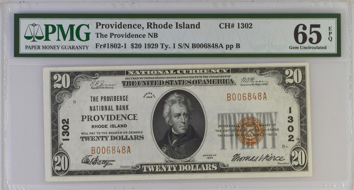 《艾美收藏》第238期-3.29周日外币畅拍场 1929年20美元PMG65E千位小号尾8 国民银行券 类型-1 稀少罗德岛 老壳严评 名家旧藏Jones Woods