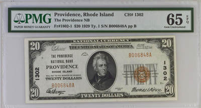 《艾美收藏》第238期-3.29周日外币畅拍场 - 1929年20美元PMG65E千位小号尾8 国民银行券 类型-1 稀少罗德岛 老壳严评 名家旧藏Jones Woods