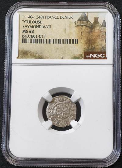 “方寸甄品”甄品场，甄臻铺-世界币章拍卖（第57期，直播拍卖），送拍享返佣金等优惠多多 - NGC-MS63 中世纪法国图卢兹，NGC中世纪特殊标签，雷蒙德伯爵家族发行，雷蒙德五世-七世，唯一冠军分，顶级收藏，品种也是非常罕见，NGC评级总数才62枚，正反图案铭文非常清晰