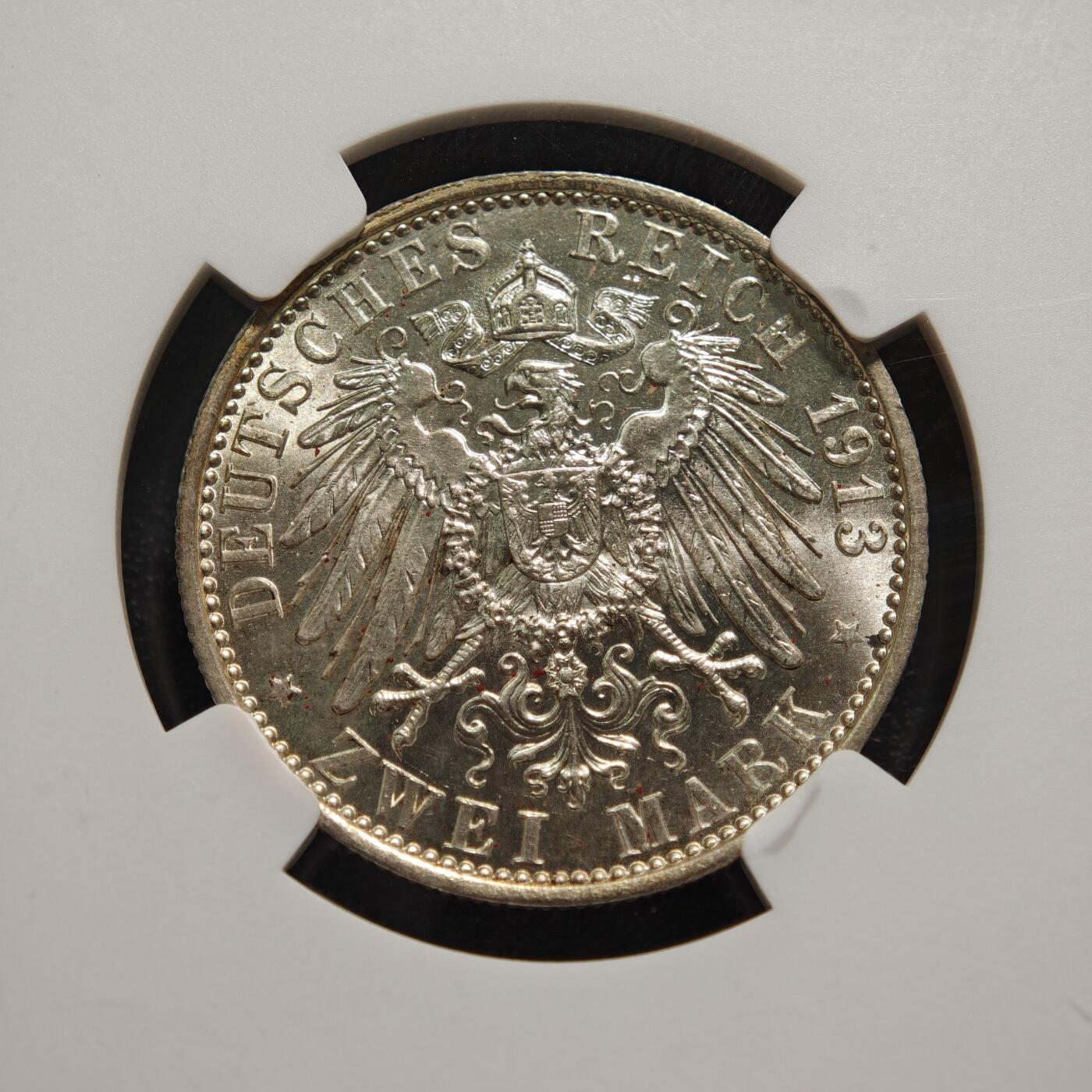 【德藏】世界币章拍卖第169期（拍品征集中~欢迎藏友联系） 1913年 德国普鲁士威廉二世2马克银币 NGC MS63 原光十足