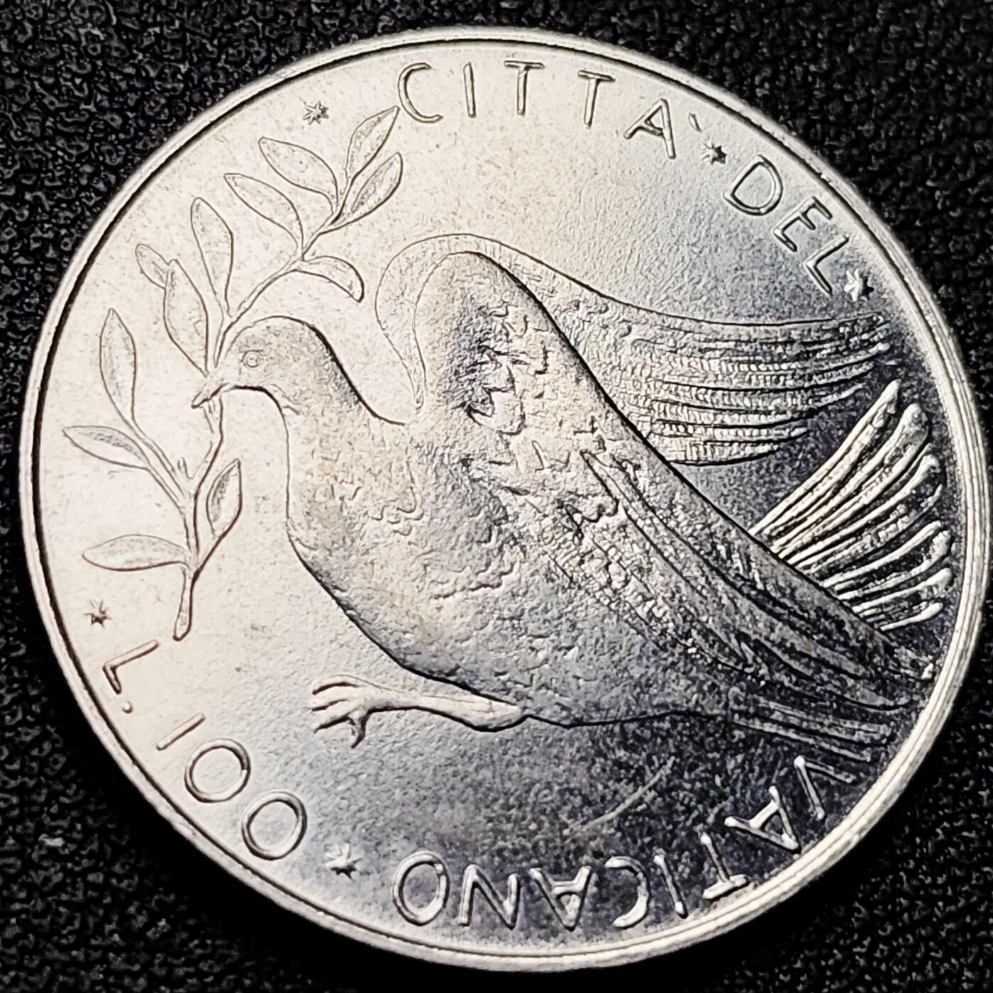 泉币菌-第216场-拍品多 请提前出价 原光极美 梵蒂冈1975年 保罗六世 和平鸽 100里拉不锈钢币 28MM