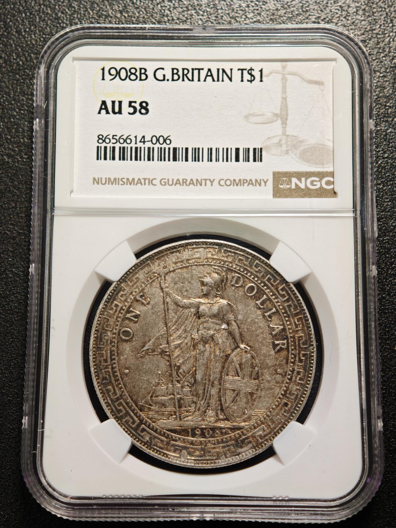 【德藏】世界币章拍卖第169期（拍品征集中~欢迎藏友联系） 1908年 英属贸易银币站洋壹圆银币 NGC AU58 原味包浆
