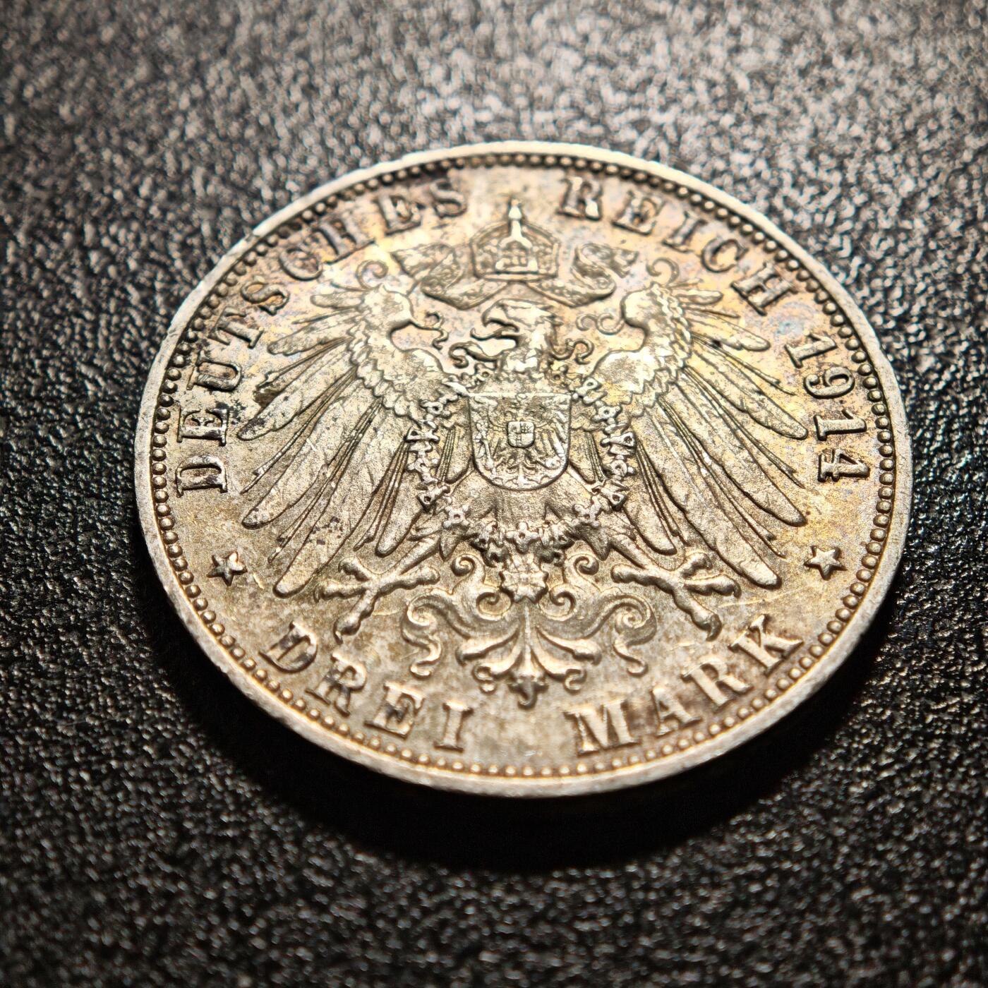 【德藏】世界币章拍卖第169期（拍品征集中~欢迎藏友联系） 1914年 德国符腾堡威廉二世3马克银币 直径约：33mm；重约：16.6g 淡彩包浆