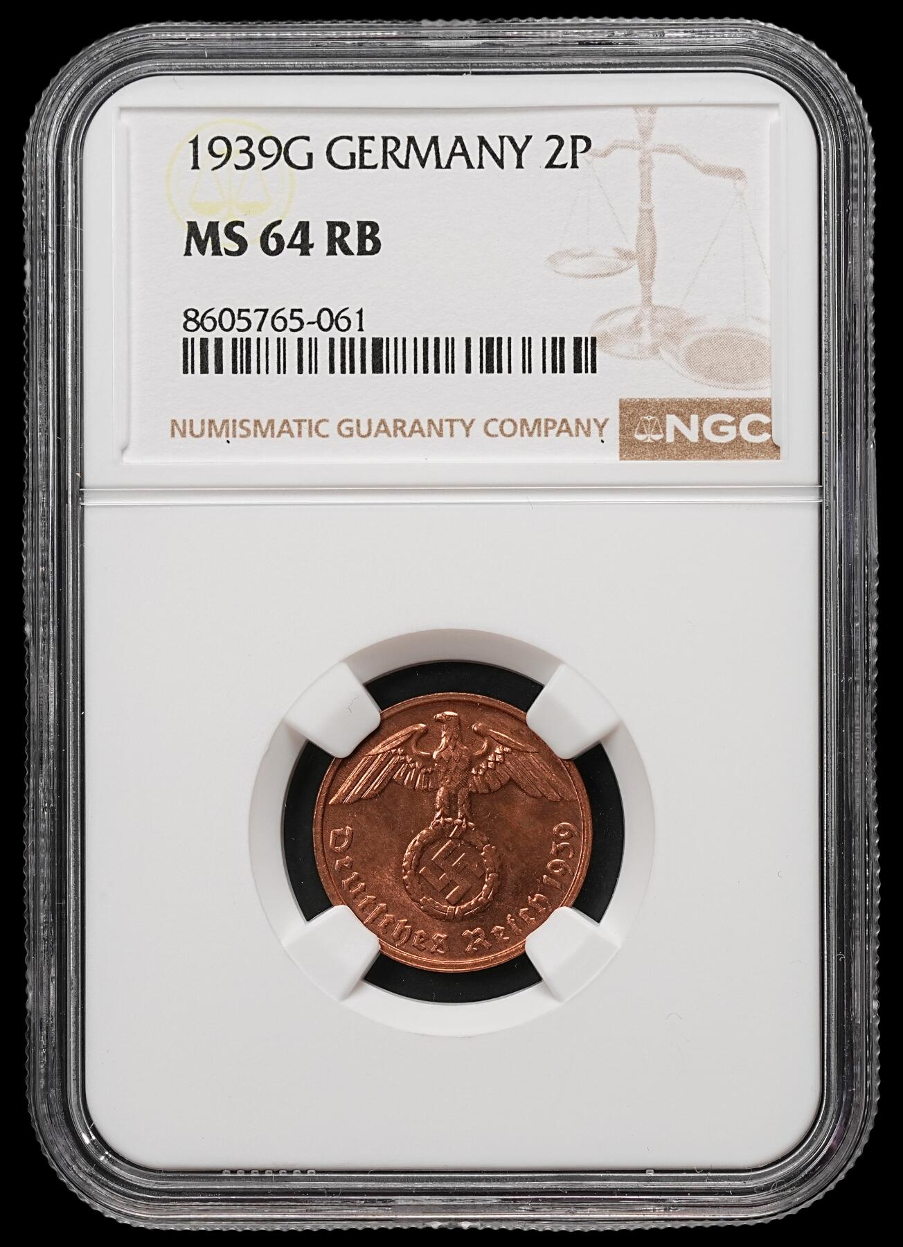 修遠堂世界钱币第109期 NGC MS64RB 1939年德国2芬尼铜币 G厂铭