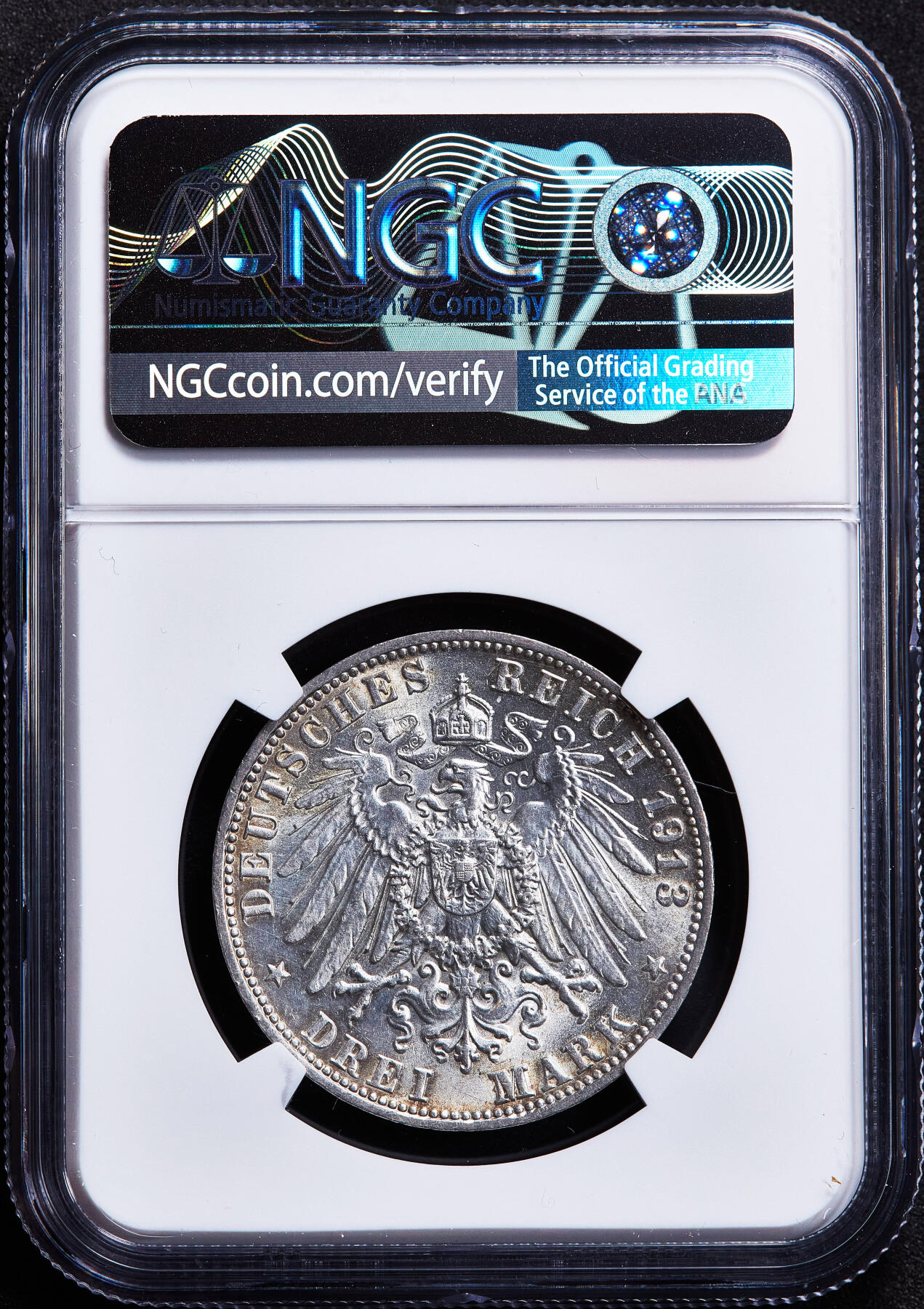 【俄甄集藏】2026年(050)04-01星期三 晚 19:30 全场包邮 德国符腾堡1913年威廉二世F版3马克银币，NGC MS62，黄油环彩，转光品相