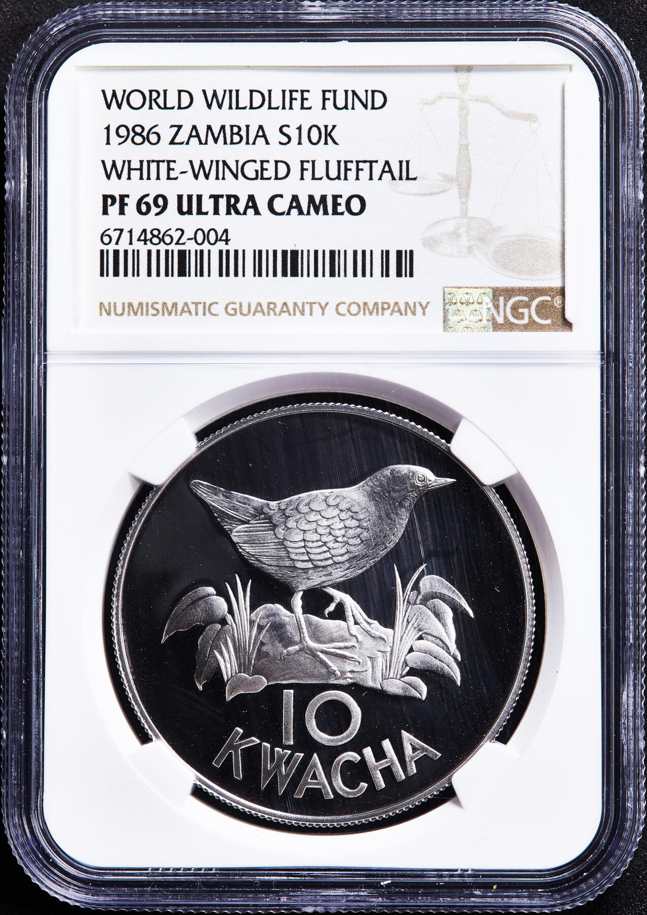 【俄甄集藏】2026年(050)04-01星期三 晚 19:30 全场包邮 赞比亚1986年野生动物保护基金会-白翅侏秧鸡10克瓦查精制大银币，NGC PF69UC，重27.22克925银，发行量25000枚，经典品种