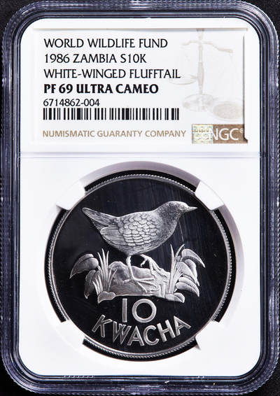 【俄甄集藏】2026年(050)04-01星期三 晚 19:30 全场包邮 - 赞比亚1986年野生动物保护基金会-白翅侏秧鸡10克瓦查精制大银币，NGC PF69UC，重27.22克925银，发行量25000枚，经典品种