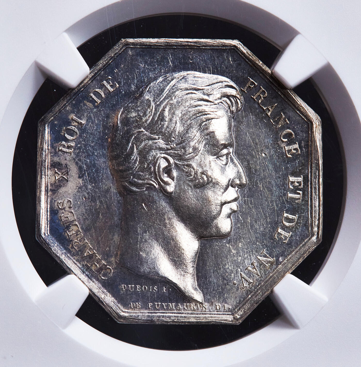 【俄甄集藏】2026年(050)04-01星期三 晚 19:30 全场包邮 法国1824-1830年查理十世头像奥尔良公证处银质八角代用币章，NGC MS61，高浮雕，原铸难得