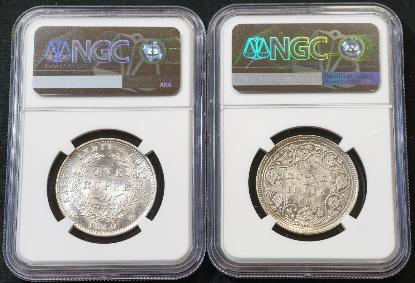“方寸甄品”甄品场，甄臻铺-世界币章拍卖（第57期，直播拍卖），送拍享返佣金等优惠多多 NGC-MS63-62 1840年、1862年英属印度卢比一组，卷拆曝光，品相很好