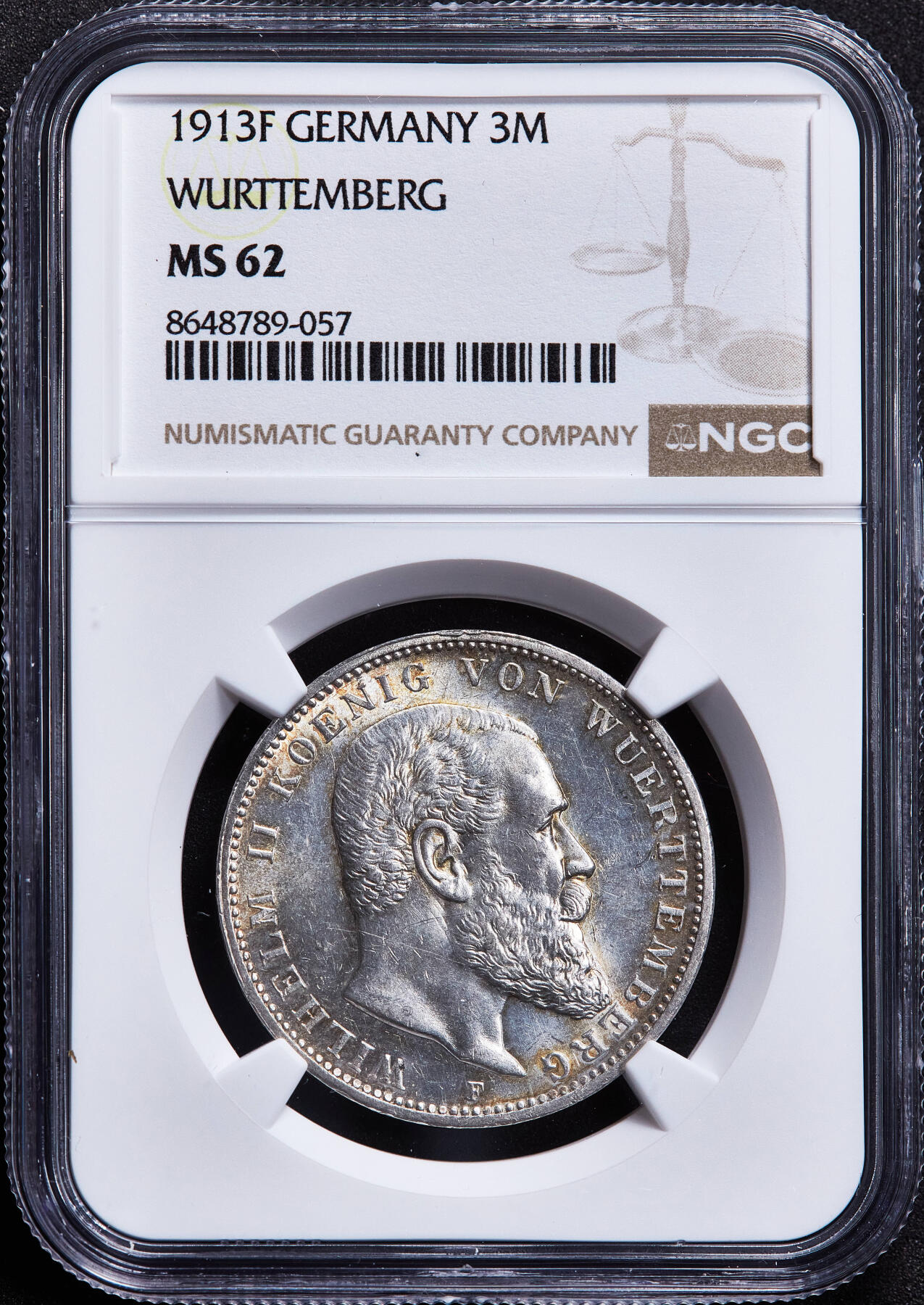 【俄甄集藏】2026年(050)04-01星期三 晚 19:30 全场包邮 德国符腾堡1913年威廉二世F版3马克银币，NGC MS62，黄油环彩，转光品相