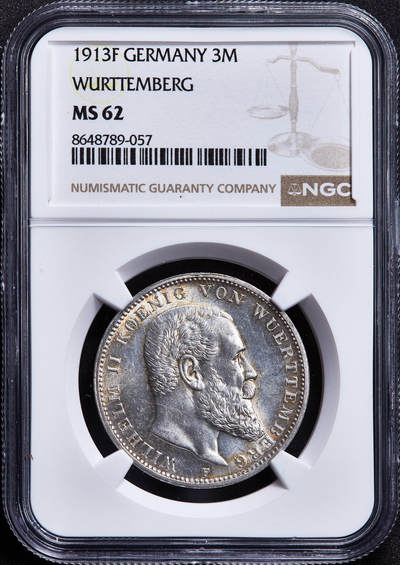 【俄甄集藏】2026年(050)04-01星期三 晚 19:30 全场包邮 - 德国符腾堡1913年威廉二世F版3马克银币，NGC MS62，黄油环彩，转光品相