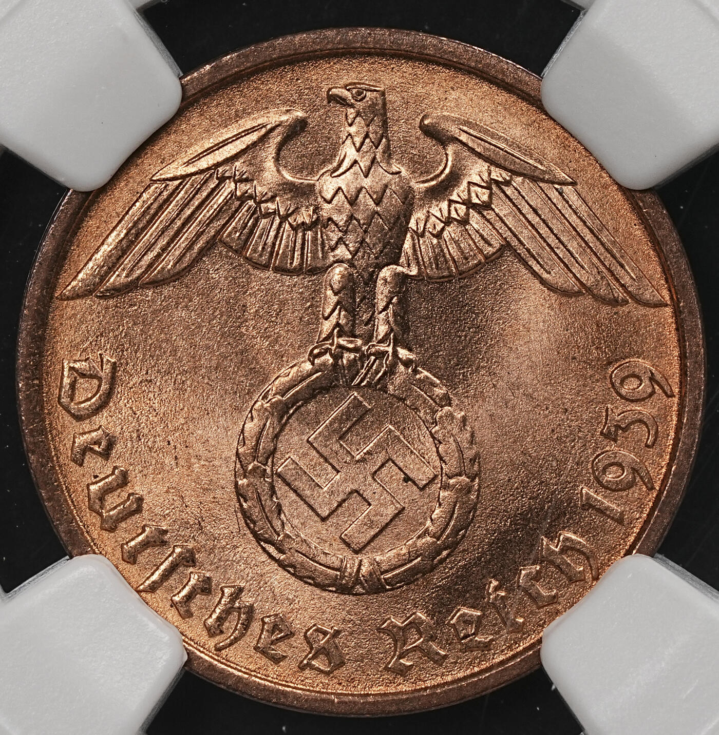 修遠堂世界钱币第109期 NGC MS65RD 1939年德国2芬尼铜币 RD难得 D厂铭