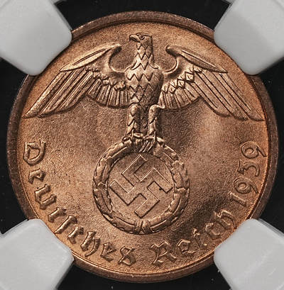 修遠堂世界钱币第109期 - NGC MS65RD 1939年德国2芬尼铜币 RD难得 D厂铭
