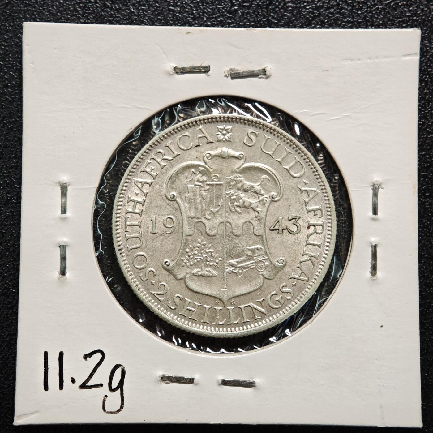 【德藏】世界币章拍卖第169期（拍品征集中~欢迎藏友联系） 老藏家集藏系列之- 1943年 英属南非2先令银币 800银 直径约：28.5mm；重约：11.2g 入册20余年·附有当年购入价