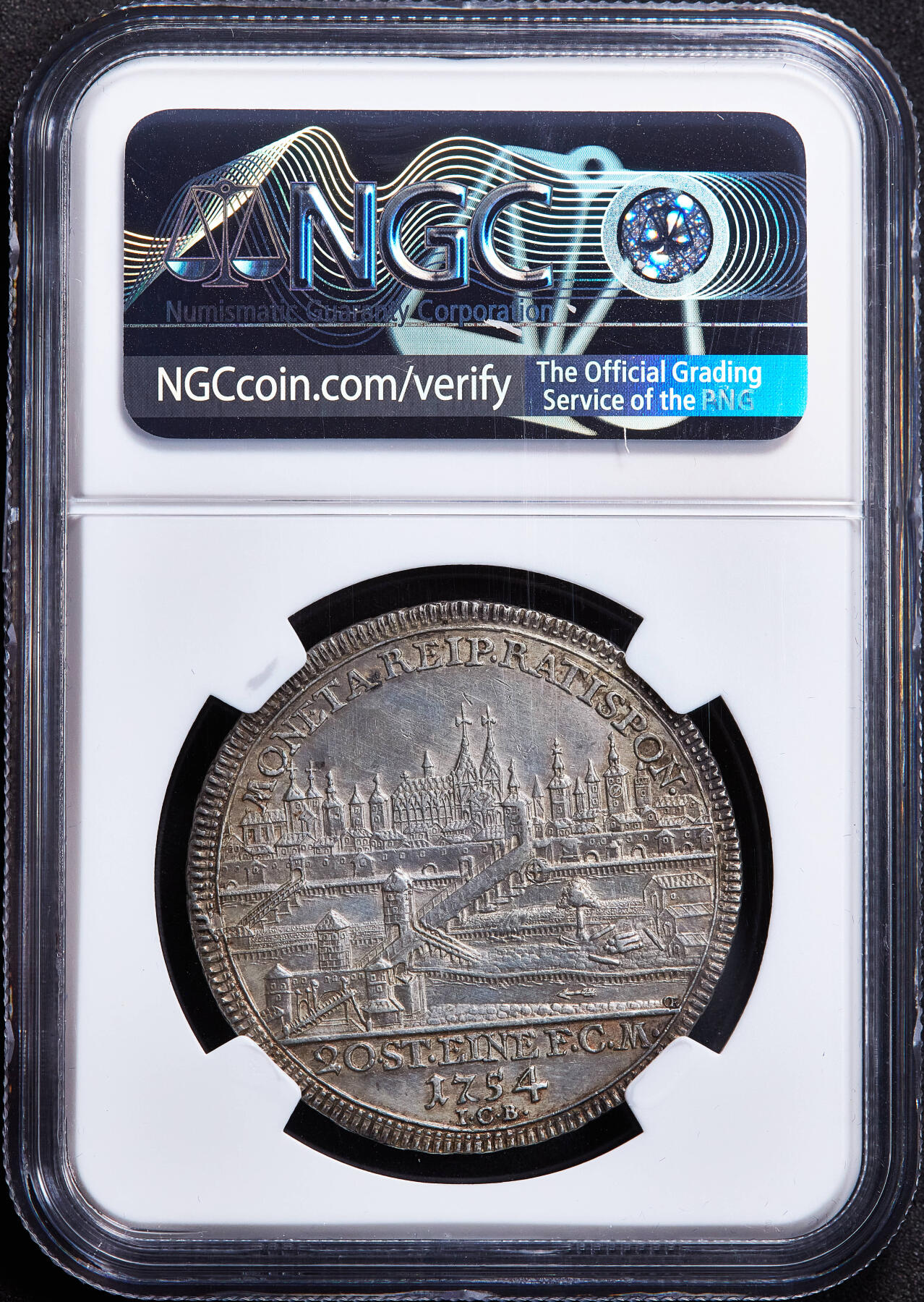 【俄甄集藏】2026年(050)04-01星期三 晚 19:30 全场包邮 神圣罗马帝国-德国雷根斯堡1754年弗朗茨一世头像ICB版城市景观1/2泰勒银币，NGC UNCD，黄油彩包浆，原光品相，细节犀利，稀少品种