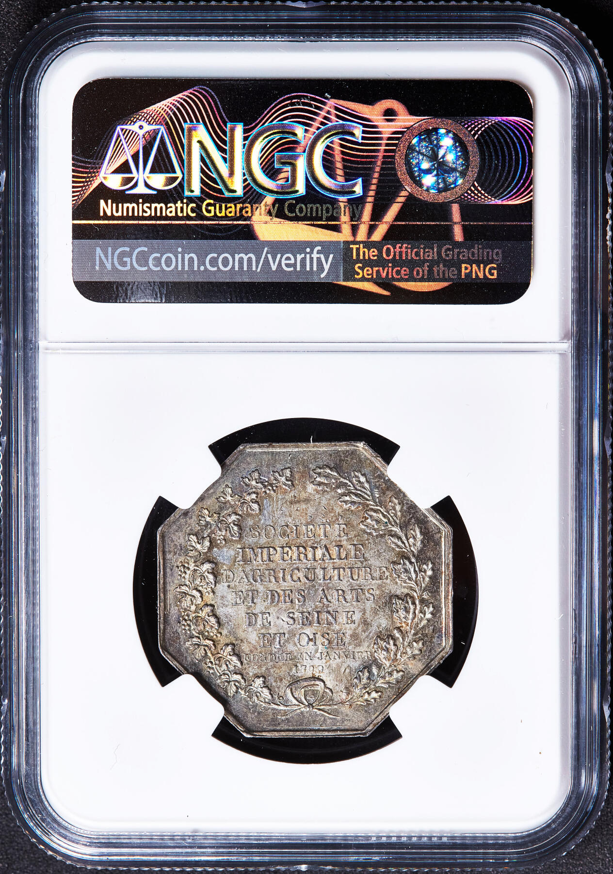 【俄甄集藏】2026年(050)04-01星期三 晚 19:30 全场包邮 法国塞纳-瓦兹省1860-1879年农业与艺术协会银质八角代用币章，NGC MS61，黄油彩包浆，蜜蜂铭