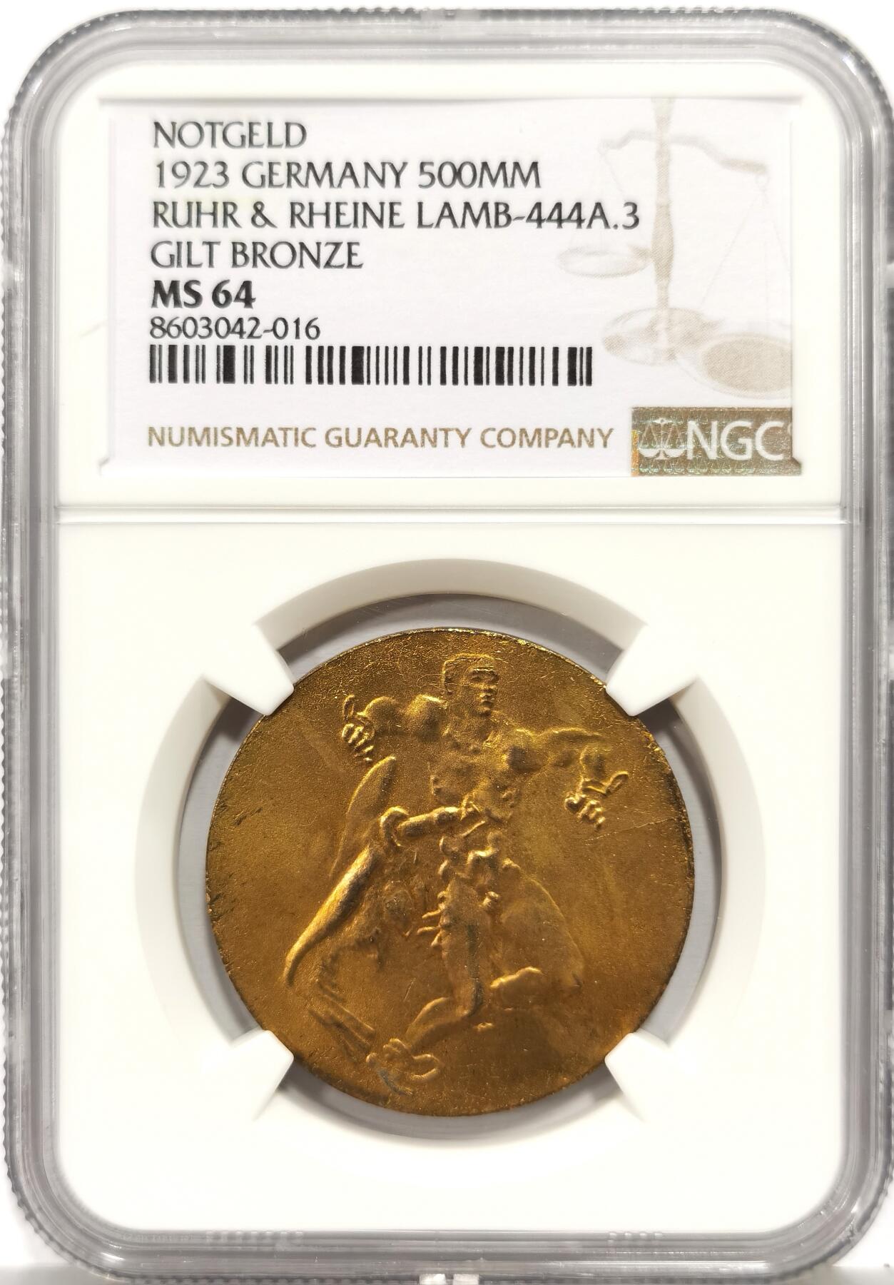 博洋堂“芳菲春韵”3月精品大拍专场暨第166期（全场包邮） NGC MS64 德国德紧1923年鲁尔与莱茵地区5亿马克镀金铜币，正面描绘了普罗米修斯被鹰啄食肝脏的神话故事，象征当时恶性通胀下德国人民的悲惨境遇