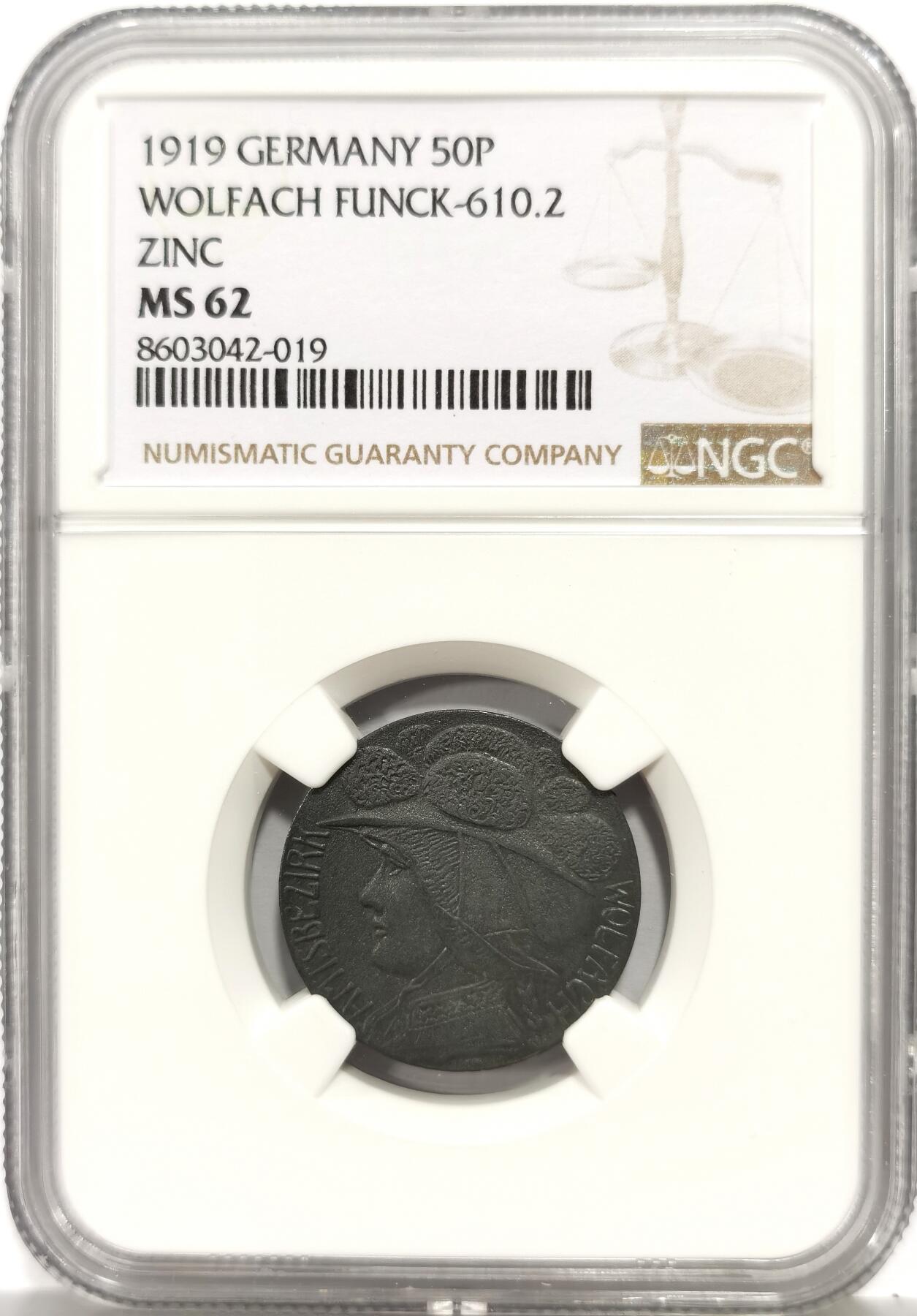 博洋堂“芳菲春韵”3月精品大拍专场暨第166期（全场包邮） NGC MS62 德国德紧1919年沃尔法赫1919年50芬尼锌币，美女头像，少见品种