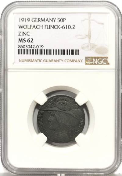 博洋堂“芳菲春韵”3月精品大拍专场暨第166期（全场包邮） - NGC MS62 德国德紧1919年沃尔法赫1919年50芬尼锌币，美女头像，少见品种