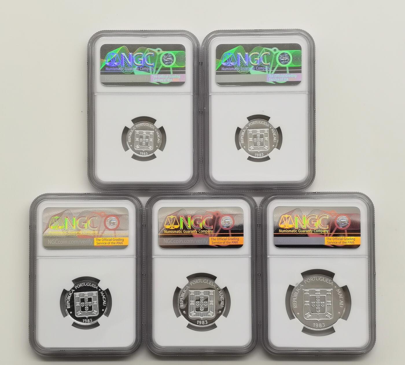 博洋堂“芳菲春韵”3月精品大拍专场暨第166期（全场包邮） NGC PF66-68UC 澳门1983年福禄寿、双鱼、大龙5枚全套精制银币，原盒证，麦稀奇首见，高分收藏一步到位