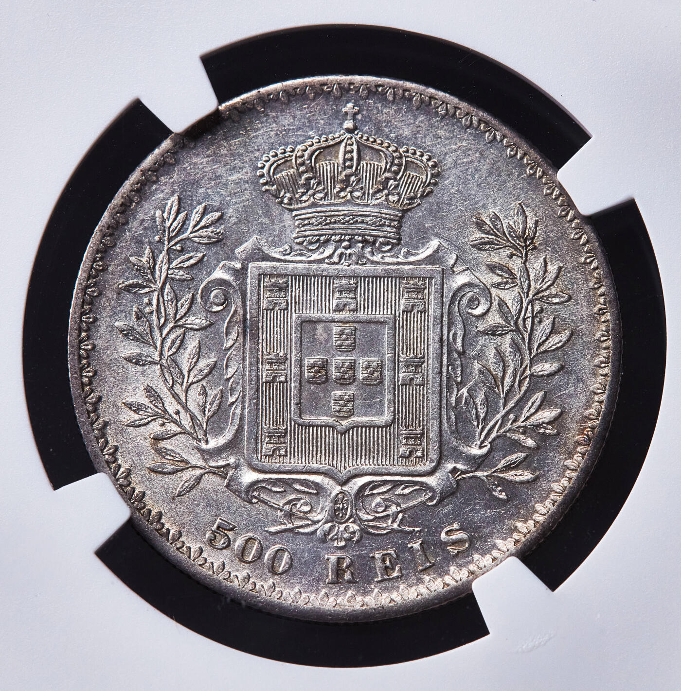 【俄甄集藏】2026年(050)04-01星期三 晚 19:30 全场包邮 葡萄牙1892年卡洛斯一世500瑞斯银币，NGC AU58，原味包浆，原光品相，疑似低评