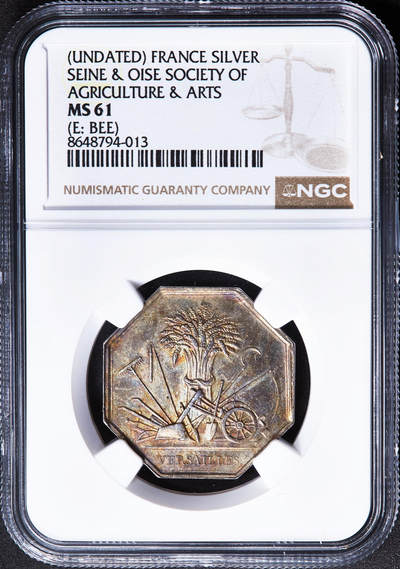 【俄甄集藏】2026年(050)04-01星期三 晚 19:30 全场包邮 - 法国塞纳-瓦兹省1860-1879年农业与艺术协会银质八角代用币章，NGC MS61，黄油彩包浆，蜜蜂铭