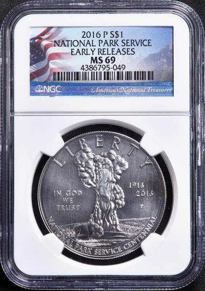 【俄甄集藏】2026年(050)04-01星期三 晚 19:30 全场包邮 - 美国2016年纪念国家公园百年1元大银币，NGC MS69，首期特殊标签，重26.73克，900银，发行量21003枚