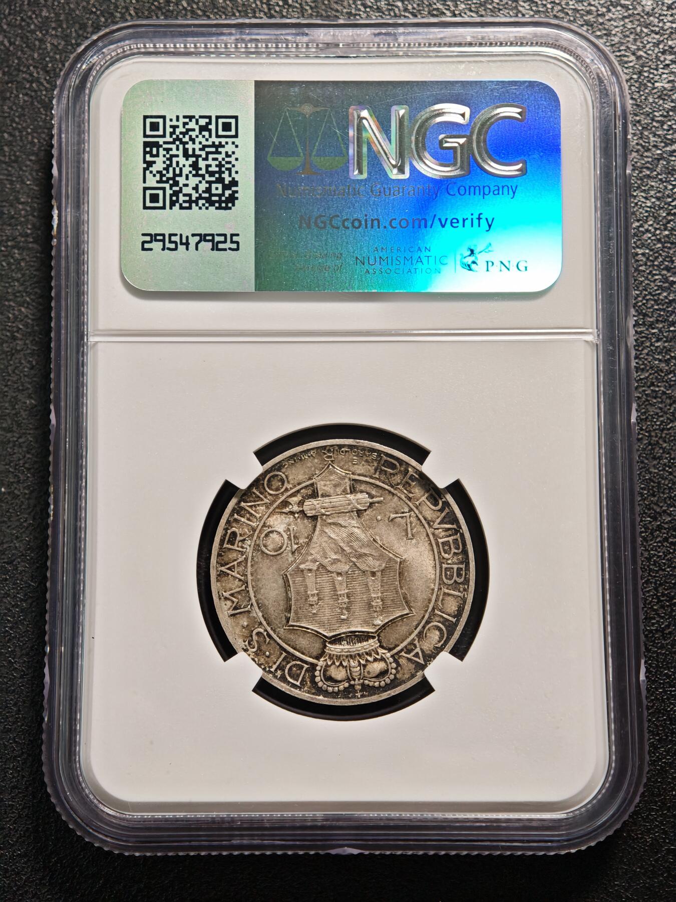 【德藏】世界币章拍卖第169期（拍品征集中~欢迎藏友联系） 1931年 圣马力诺R版10里拉银币 NGC MS63 原味包浆