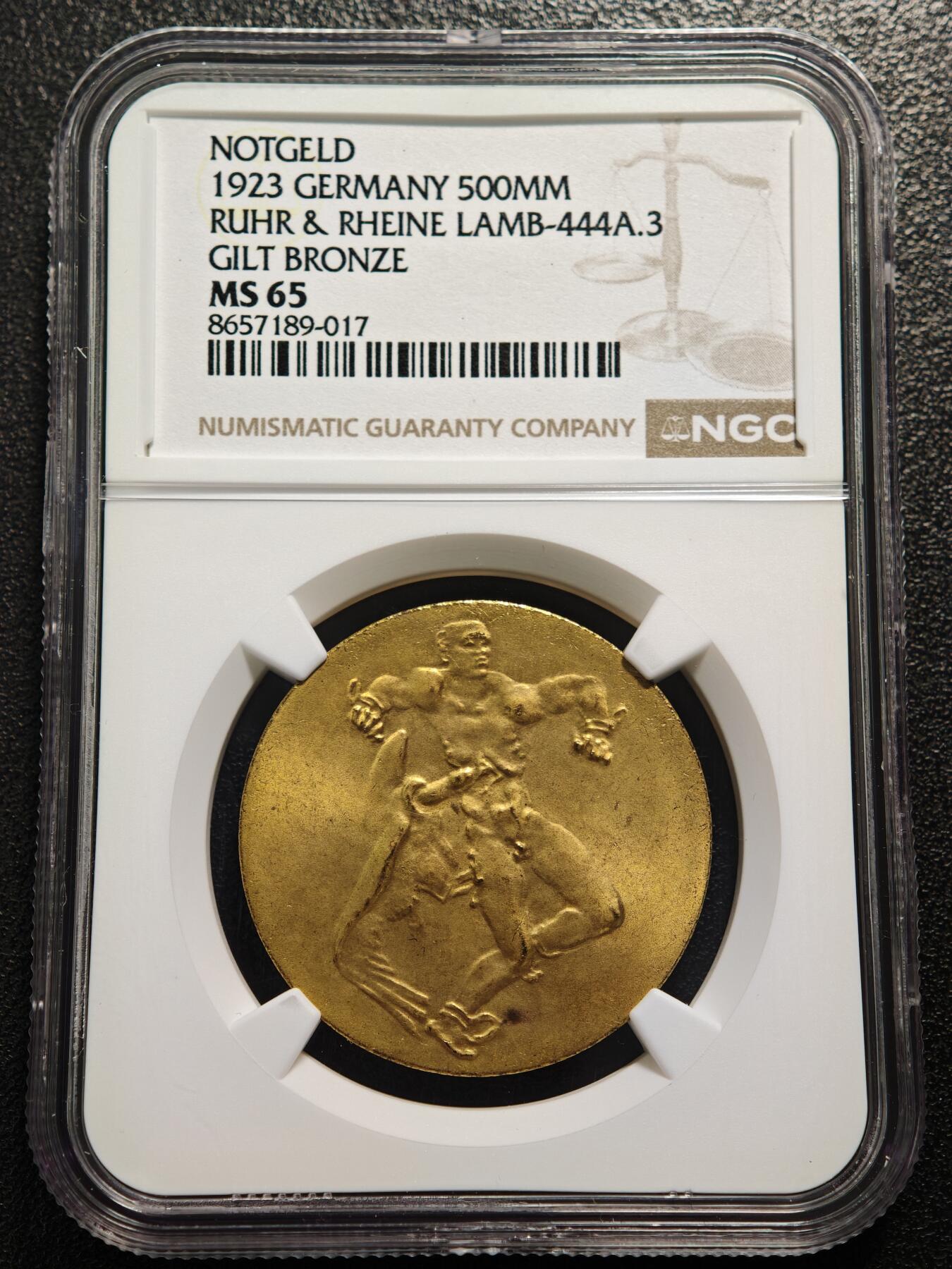 【德藏】世界币章拍卖第169期（拍品征集中~欢迎藏友联系） 1923年 德国德紧时期鲁尔与莱茵地区5亿马克镀金铜币 名家卡尔歌茨作品 NGC MS65 原光十足